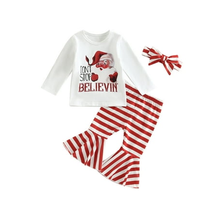 

Christmas Baby Girls Outfits Long Sleeve Santa Claus T-shirt +Flare Pants + Hairband 3Pcs Xmas Clothes Sets