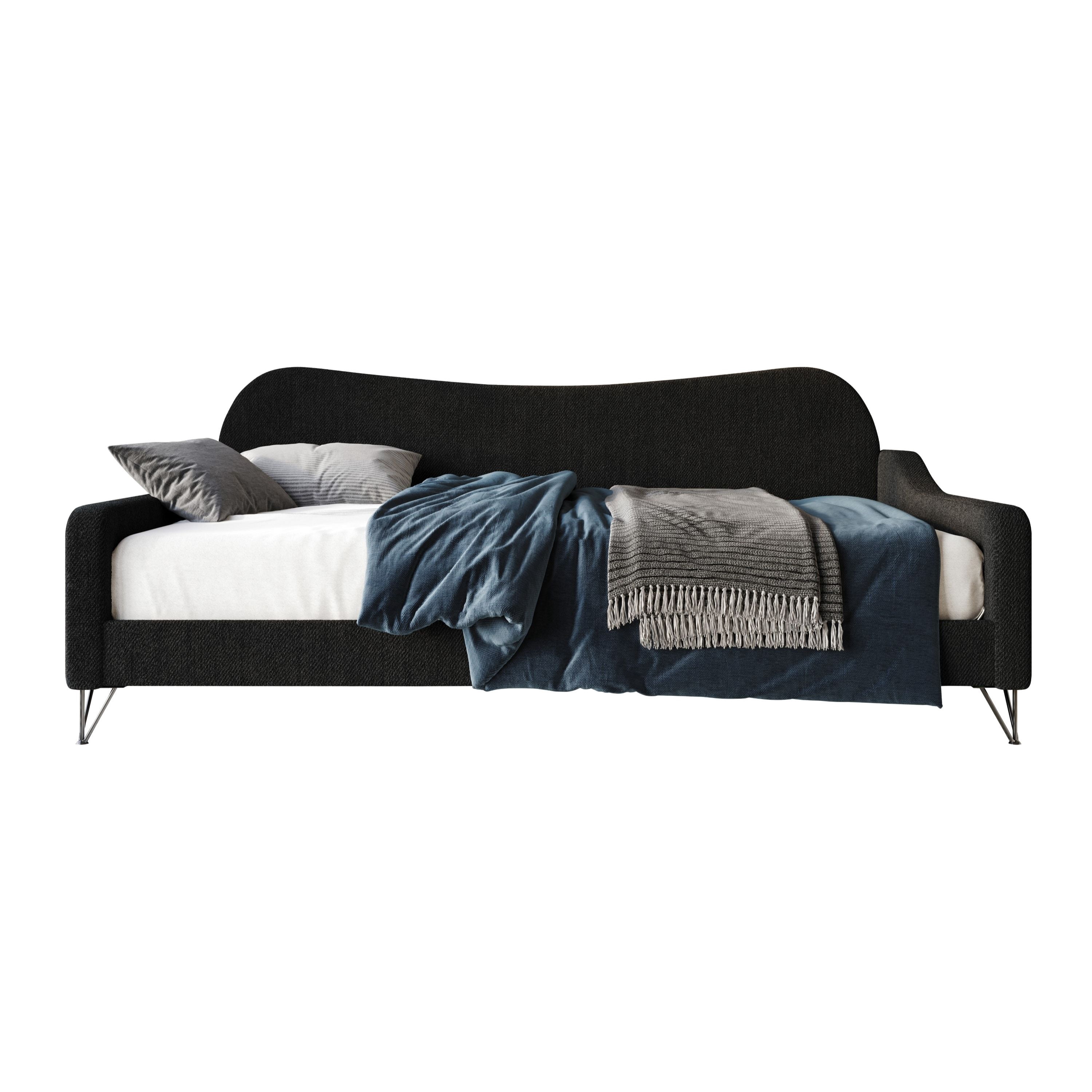 Home Design Natty Twin Daybed with Upholstered Frame, Elegant Backrest and Arms, Black Metal Legs, Stylish Seating and Sleeping Solution, Black