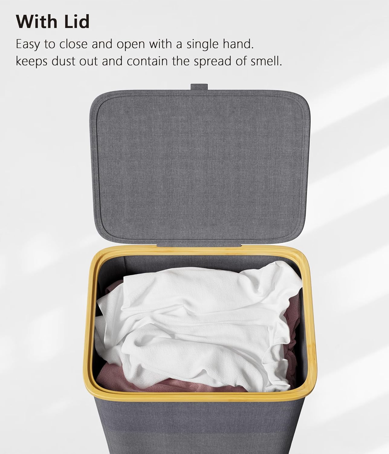 【HOSTK】100L Foldable Laundry Hamper on Wheels - Grey Clothes Basket with Lid & Bamboo Handles for Bedroom, Bathroom, Dorm
