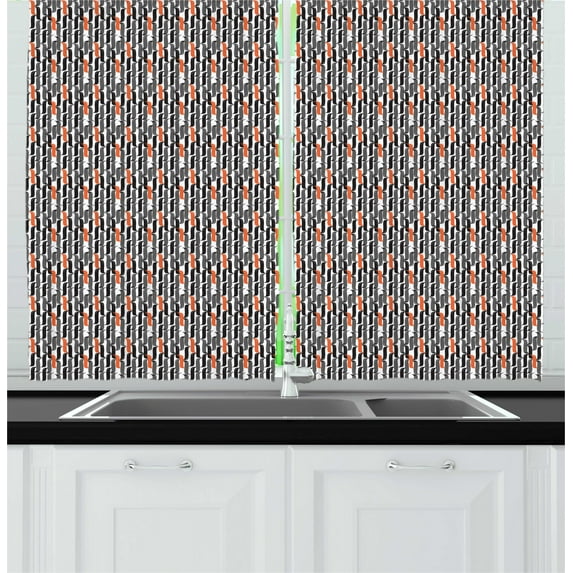 Retro Kitchen Curtains, Vintage Style Intertwined Curvy Lines Abstract Theme Pattern Art, Two Panels Drapes with Rod Pocket Room Decor, 55" X 45", White Grey and Burnt Sienna, by Ambesonne