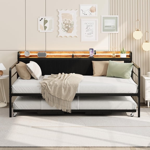 Daybed with Pop-Up Trundle, Metal Frame with RGB LED Lights, Storage Headboard & Charging Station, Corduroy Upholstered, No Box Spring Needed,Twin,Black