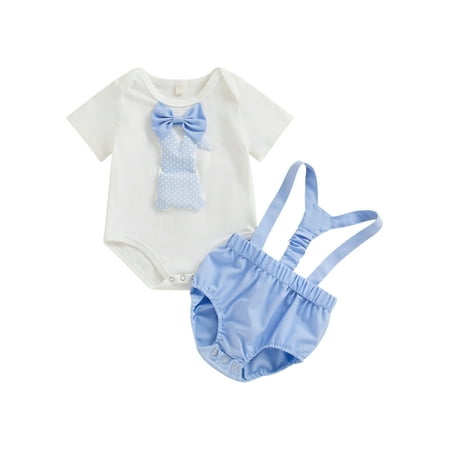 

Canrulo Infant Baby Boy Girl Easter Outfit Bunny Short Sleeve Romper Jumpsuit with Bow Tie and Suspender Shorts Set Blue 0-6 Months