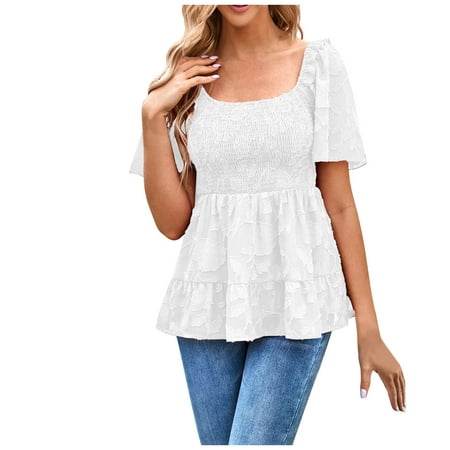RQYYD Reduced Women s Chiffon Smocked Tops Casual Mesh Short Sleeve Tunic Top Square Neck Jacquard Ruffle Babydoll Blouses Shirts White M