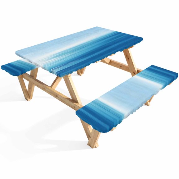 Blue Sea Picnic Table Cover with Bench Covers Horizon Abstract Gradient Tranquility Ocean Scenery Waterproof Fitted Picnic Tablecloth 3 Pieces Set Table Cloth for Outdoor Camping Garden BBQ