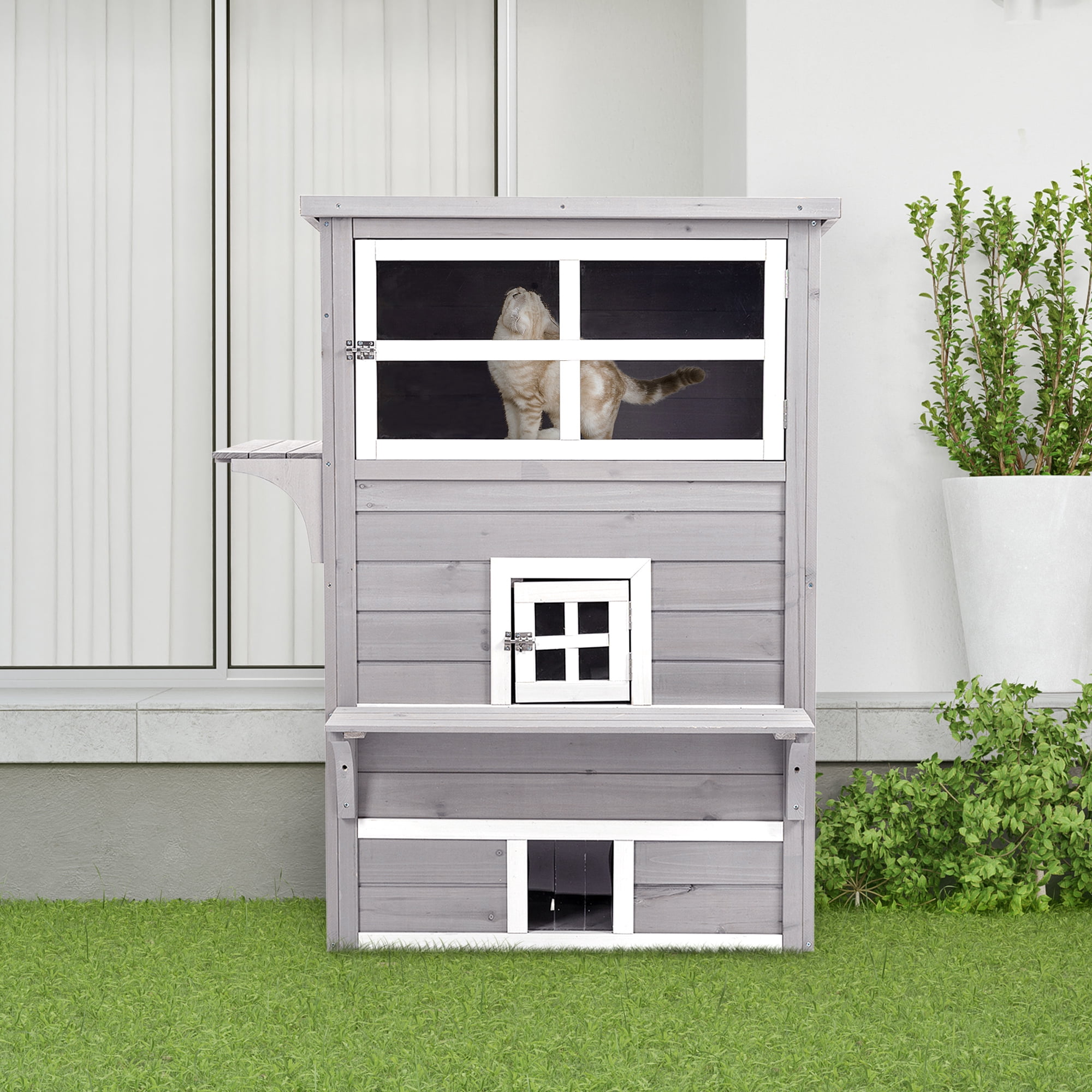 3-Story Cat House Feral Cat Shelter, Outdoor Kitten Condo with Raised Floor, Asphalt Roof, Escape Doors, Jumping Platforms, Grey