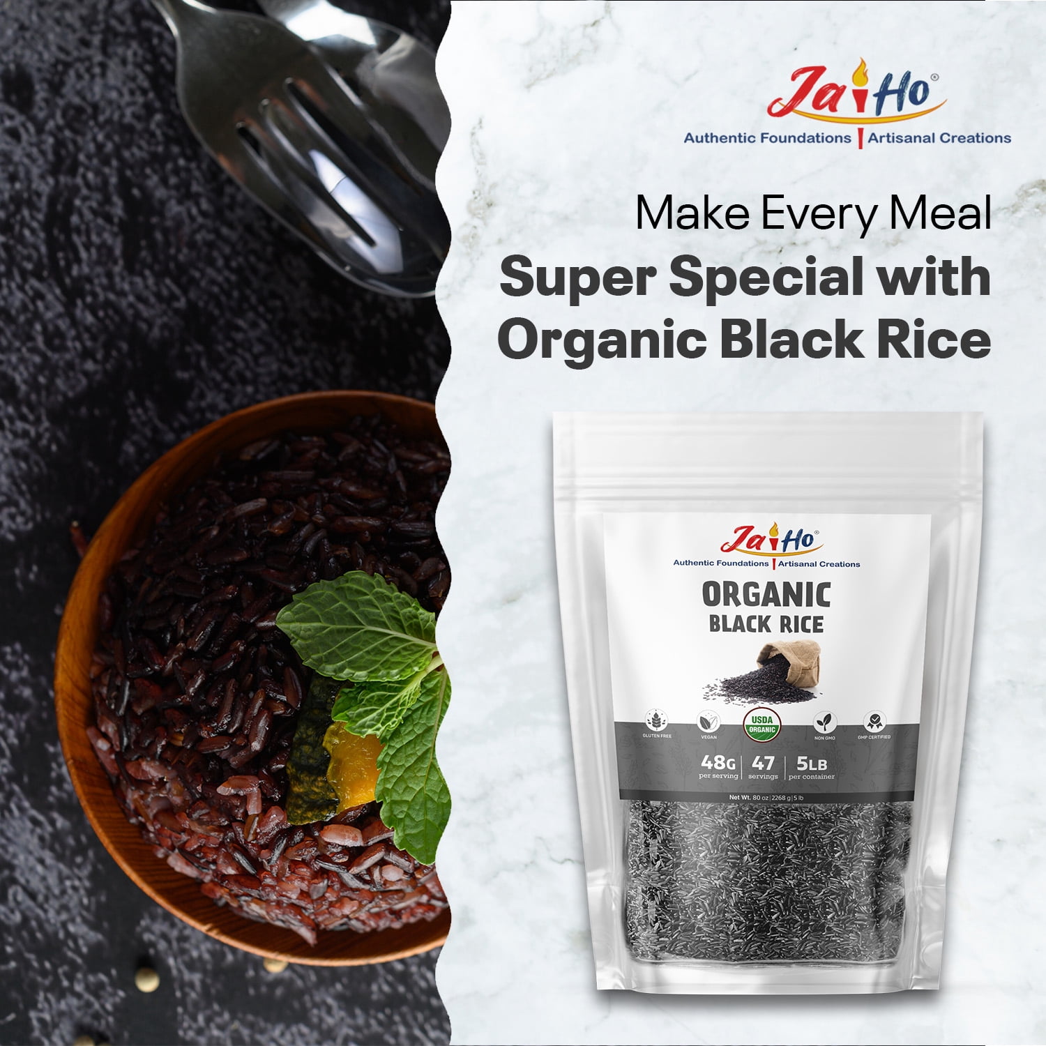 Jai Ho Certified Organic Black Rice 5 LB - Gluten Free, Vegan, Non-GMO - Resealable Zip Lock Pouch (Black Rice)
