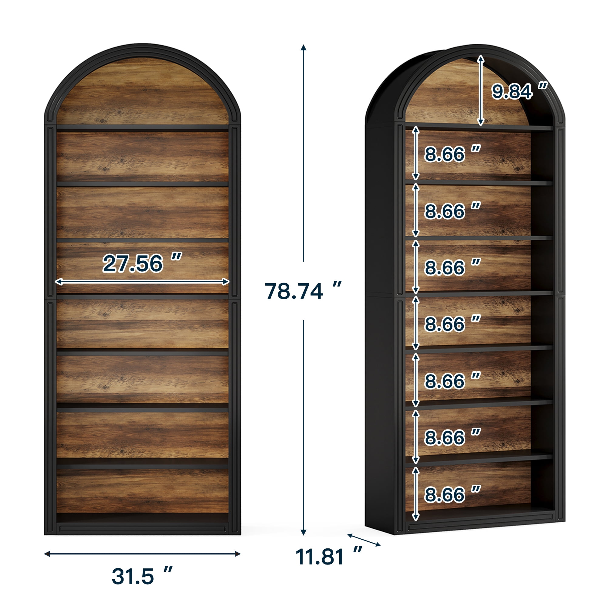 Demi Bonn 78.7" Bookshelf, 8-Tier Wooden Arched Bookcase Display Shelving Unit for Bedroom, Living Room, Black