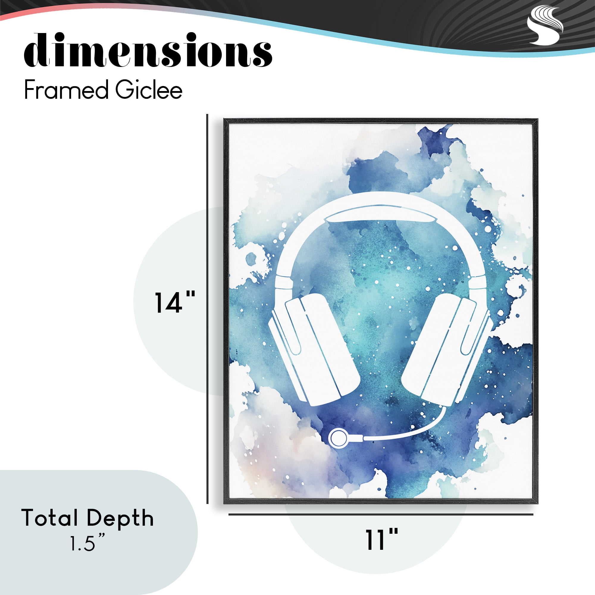 Blue Headphone Splatter Black Framed Giclee Art, design by Marcus Prime