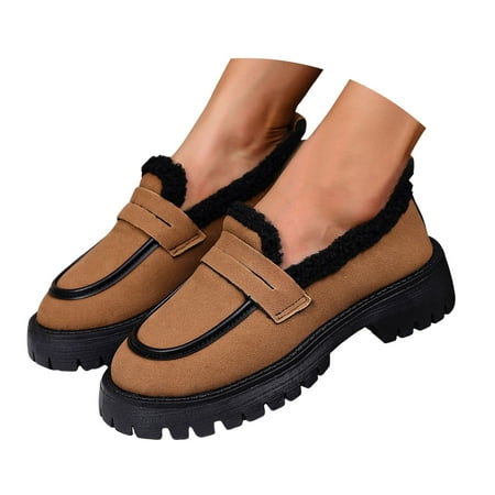 Mepaouo Womens Fleece Casual Loafer Shoes Suede Platform Slip on Penny Loafers for Women(Brown 7.5)
