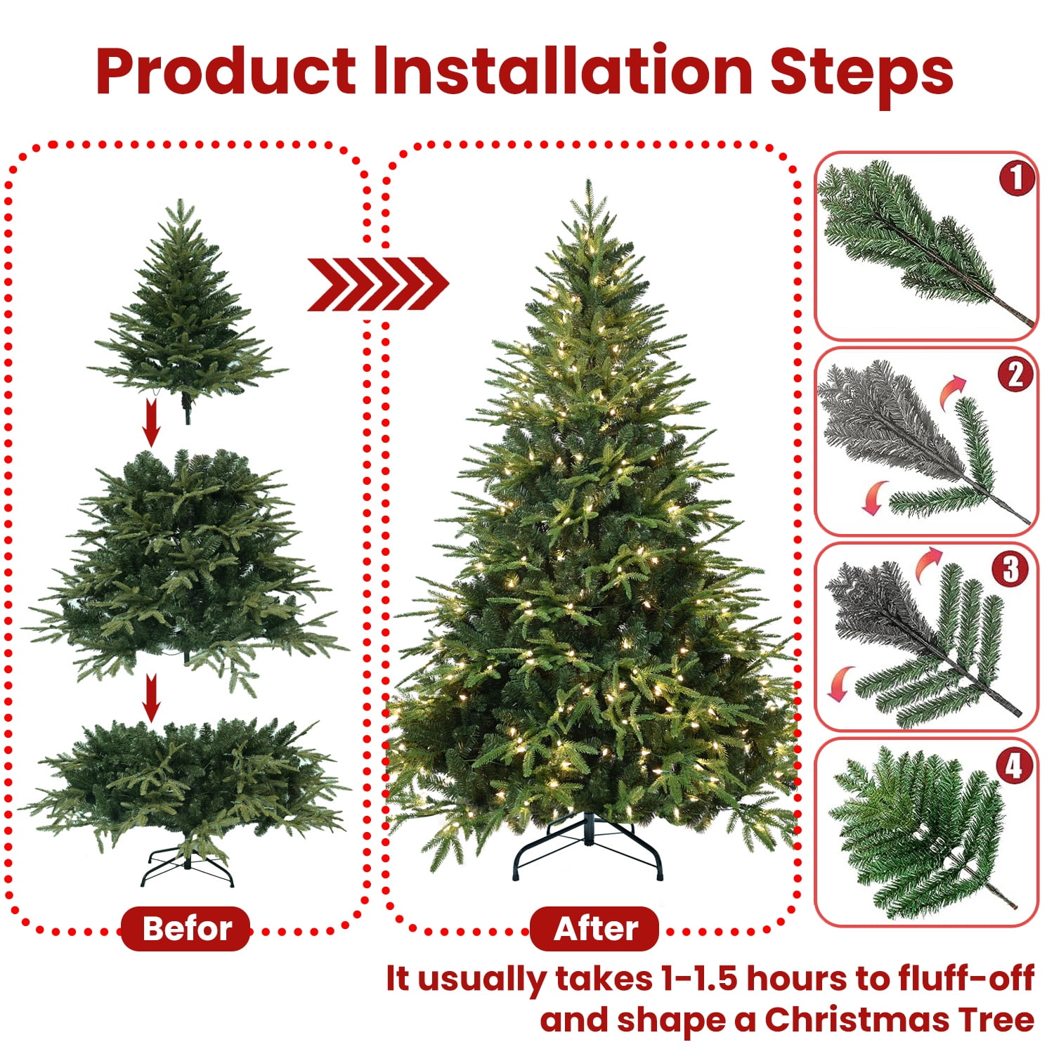 6.5ft Pre-Lit Artificial Christmas Tree with 450 Warm White Incandescent Lights, 2225 Tips, PE+PVC Hinged Pine, Foldable Metal Stand