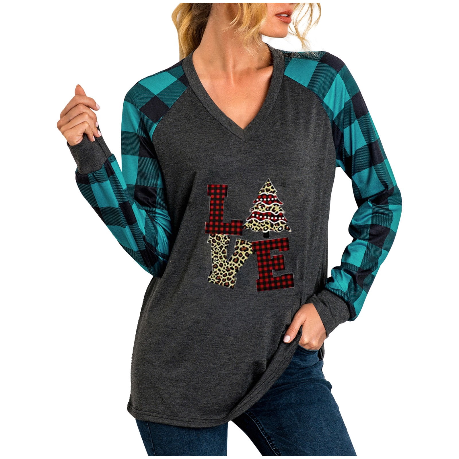 Women's Christmas Print V Neck T Shirts 