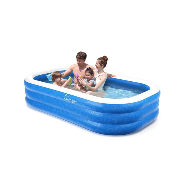 piscina inflable evajoy azul 92 x 56 x 18 pulgadas para niños a partir de 3 años multicolor Piscina inflable rectangular Evajoy modelo EJ-HF021, vista 3/4 frontal con 1 adulto y 3 niños dentro; paredes azules y borde blanco, tres cámaras de aire, logo Evajoy en costado, interior con agua; usable como piscina familiar o pozo de arena.