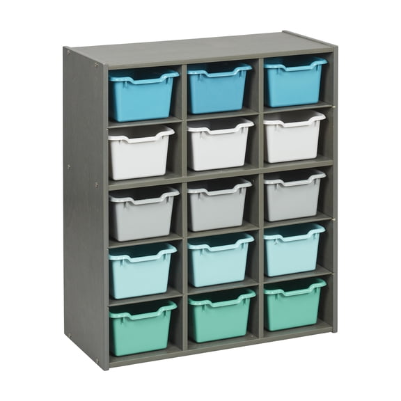 ECR4Kids Streamline 15 Cubby Tray Cabinet and 15 Scoop Front Bins, 5x3, Kids Furniture, Grey Wash