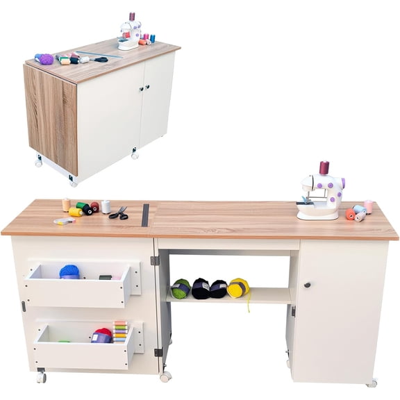 Large Folding Sewing Table 63W, Sewing Machine Table with Storage Shelves & Lockable Wheels, Multipurpose Craft Station for Small Spaces
