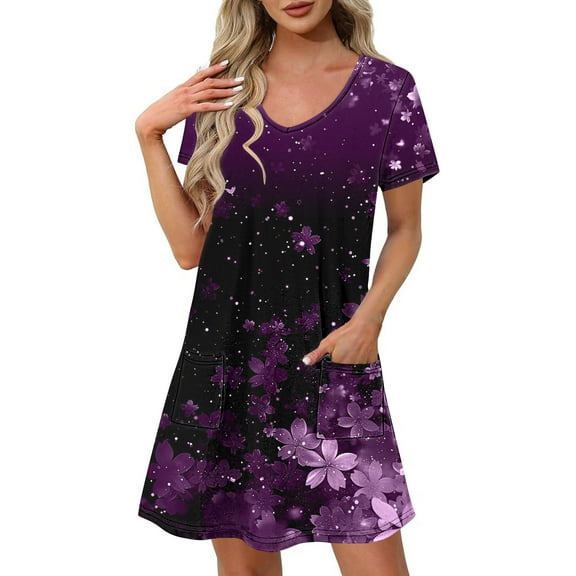 asdoklhq Corset Dress for Women Fashion Summer Print Short-sleeved V-neck Casual Dress Purple 2X