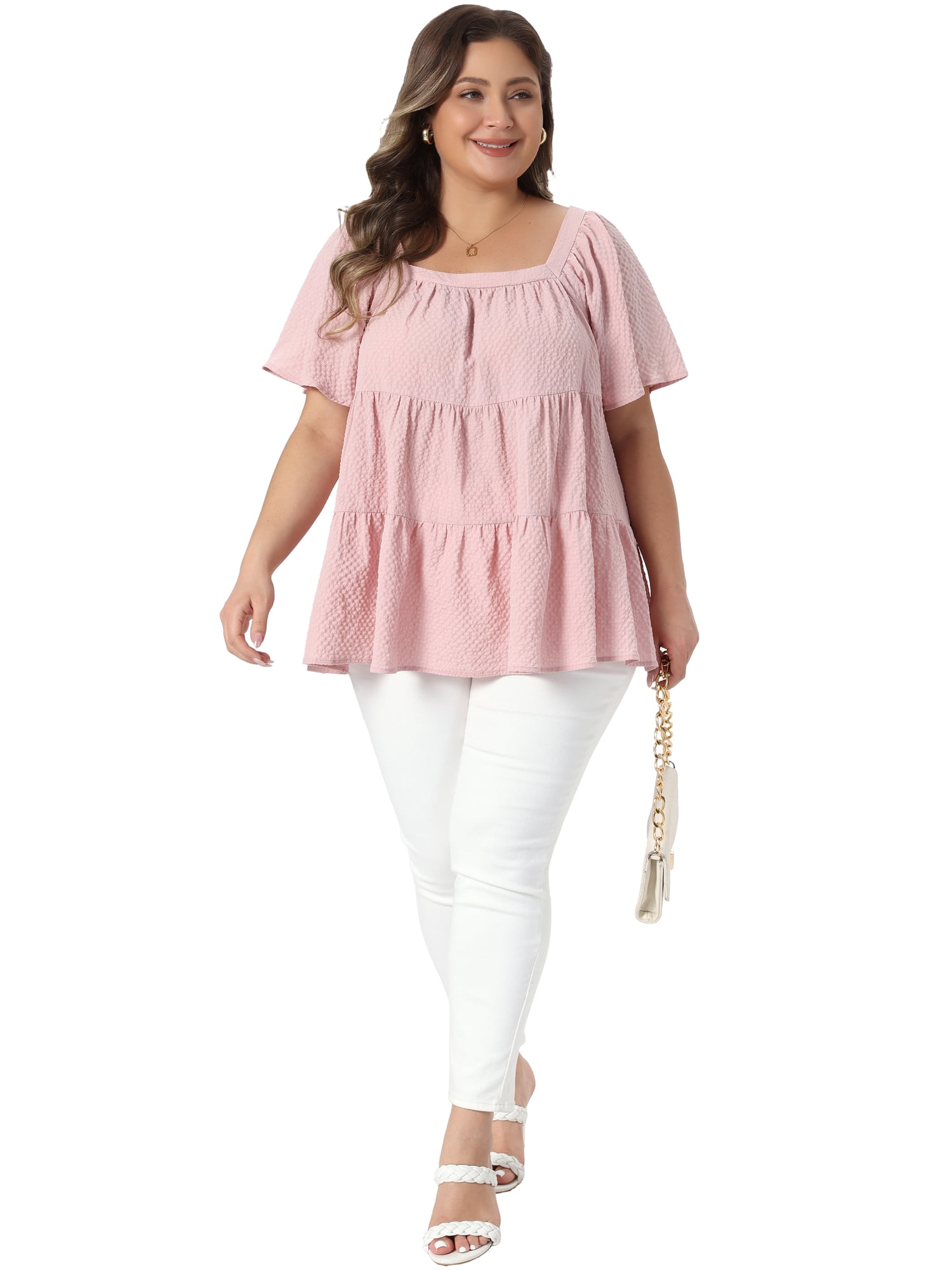 DARING DIVA Women's Plus Summer Square Neck Short Sleeve Tops 3X Pink
