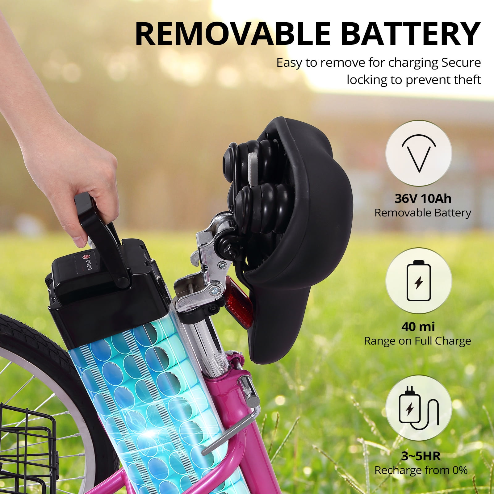 Accreate Electric Trike for Adults, 7 Speed Folding 3 Wheel Motorized Bicycle, 36V 10Ah Removable Battery, 24" Rose red