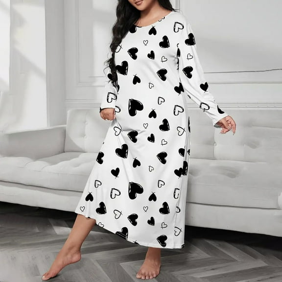Elvqul Oversize Nightgowns for Women Black Loose Sleep Shirts Winter Plus Size Crew Neck Comfortable Print Ladies Sleep Shirt