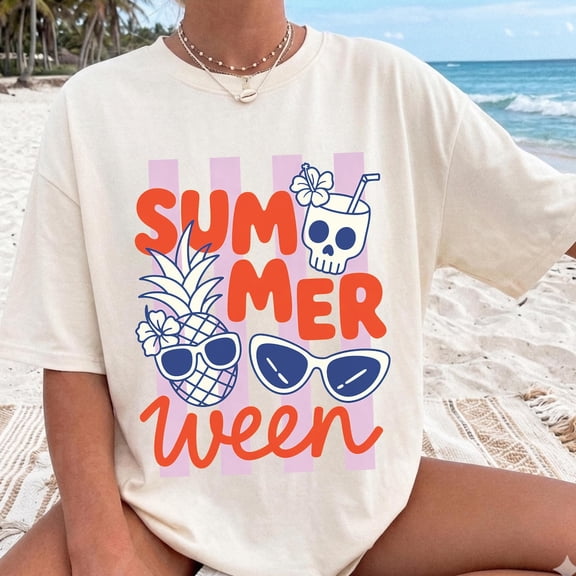 VibeNest Studio Unisex Summerween Pineapple Skull Drink Retro Summer Halloween Garment Dyed Graphic T-Shirt