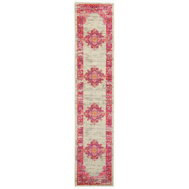 homeroots home decor 385320 2’ x 8' Ivory and Fuchsia Distressed Runner Rug