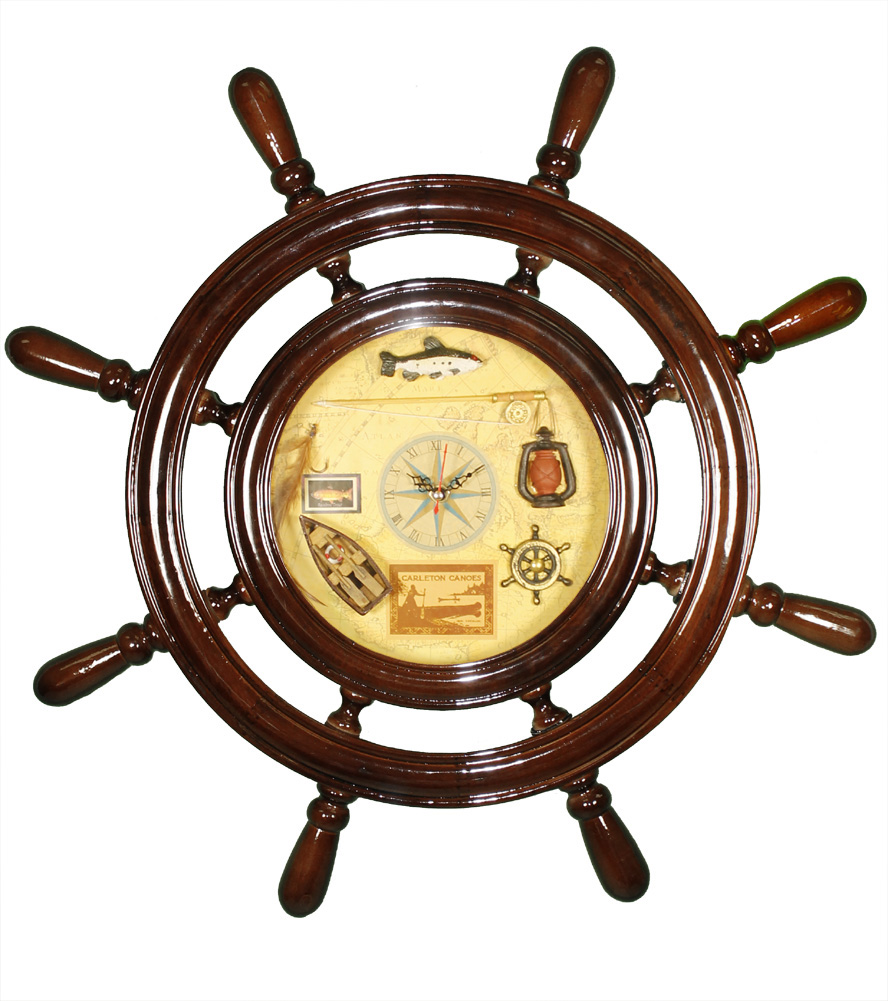 22" SHIP WHEEL CLOCK Wood NAUTICAL FISHING DECOR