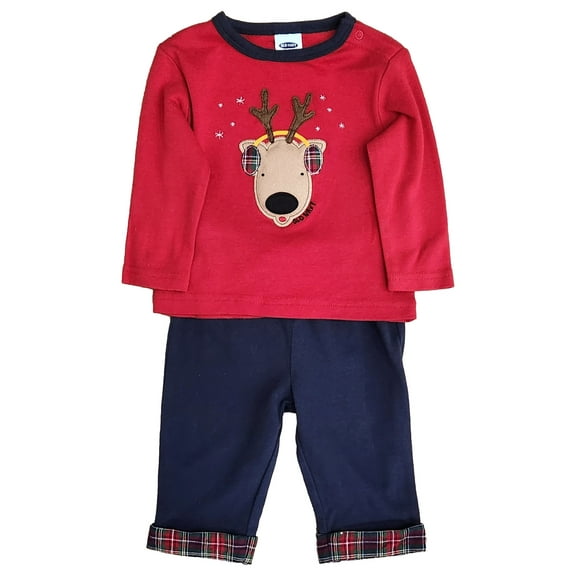 Infant Boys Red & Blue Christmas Reindeer Shirt and Pants Outfit 3-6 Months
