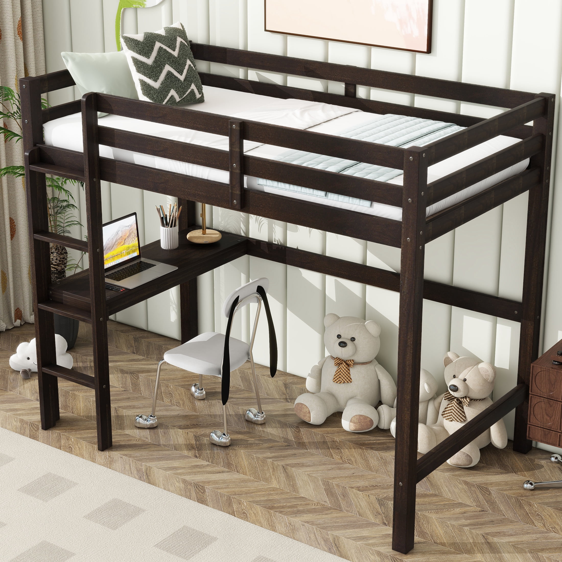 Noble House Aven Twin High Loft Bed with Built-in Desk and Ladder, Rubber Wood Loft Bed, Safety Guardrail, Espresso