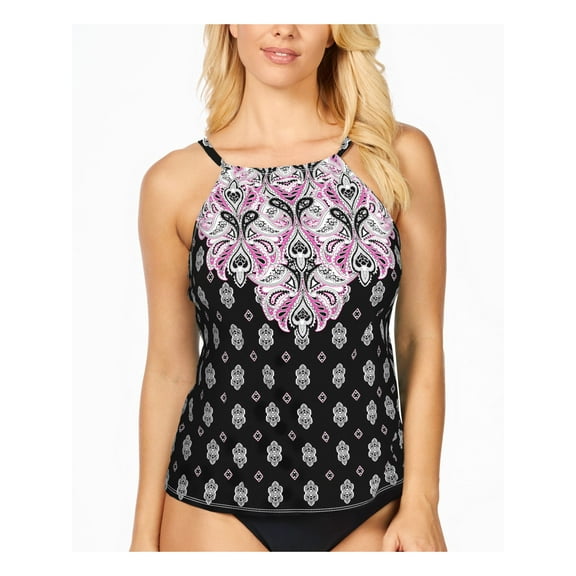 ISLAND ESCAPE Women's Black Printed Stretch High Neck Removable Cups Lined Adjustable White Sands Cali Tankini Swimsuit Top 8