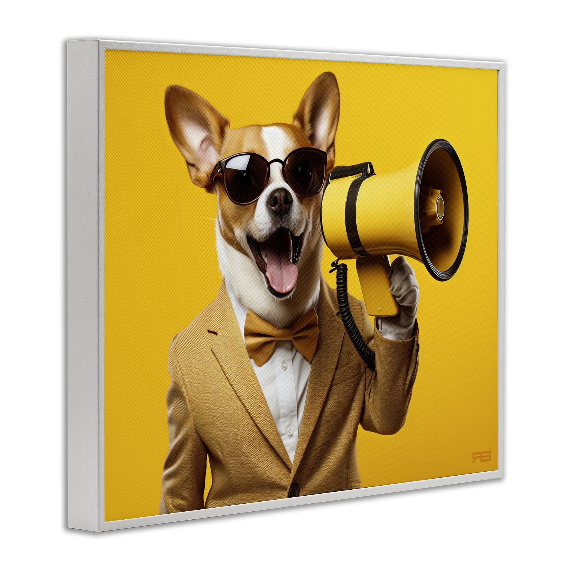 Stupell Industries Dog with Yellow Megaphone Animals & Insects Painting White Framed Art Print Wall Art, 14 x 11