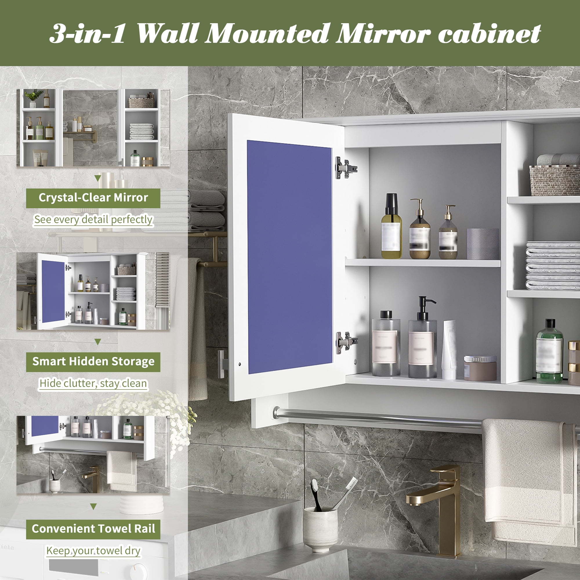 Euroco 3-in-1 Bathroom Mirror Cabinet, 36-inch Wall Mounted Medicine Cabinet with Adjustable Shelf & Soft Close Door, High-Define Mirror with Storage for Bathroom Vanity