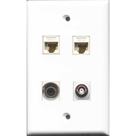 RiteAV 1 Port 3.5mm and 1 Port BNC 2 Port Cat6 Ethernet White Wall Plate