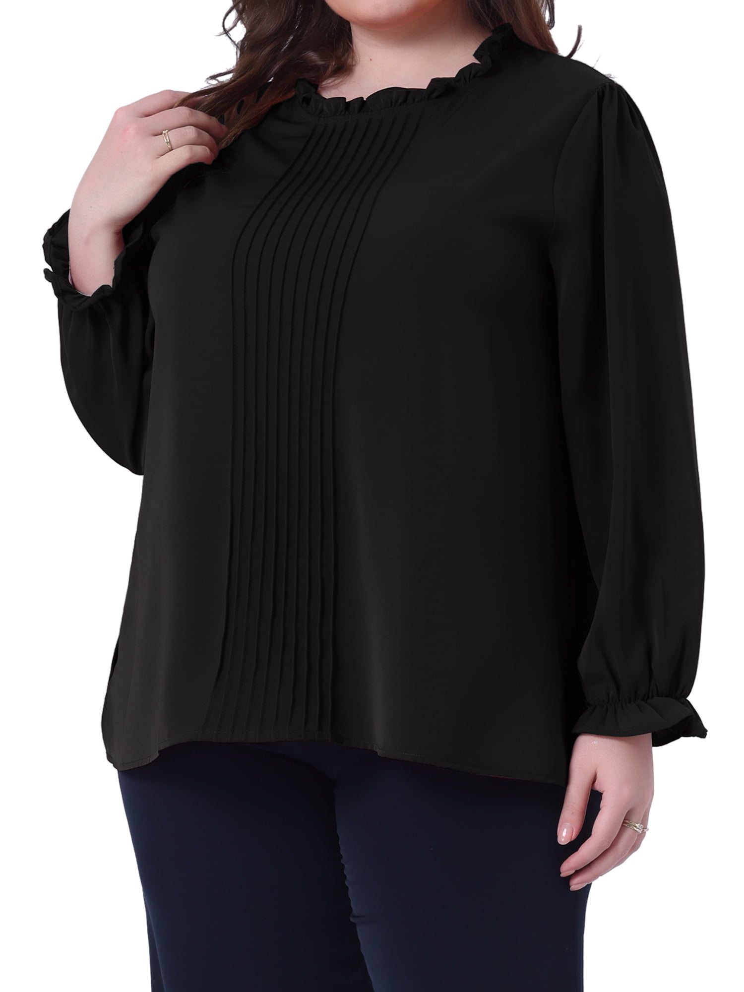 DARING DIVA Women's Plus Long Sleeve Ruffle Crew Neck Casual Blouse 4X Black