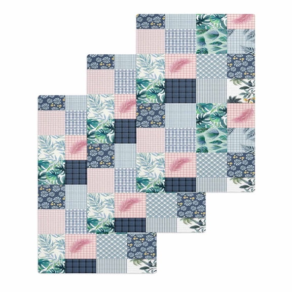 Tropical Plants Plaid Kitchen Dish Towels for Drying Dishes Set of 3, Summer Palm Leaf Checkered Blue Pink Waffle Weave Microfiber Hand Tea Bathroom Towels Quick Dry & Absorbent Towel 15.7x23.6