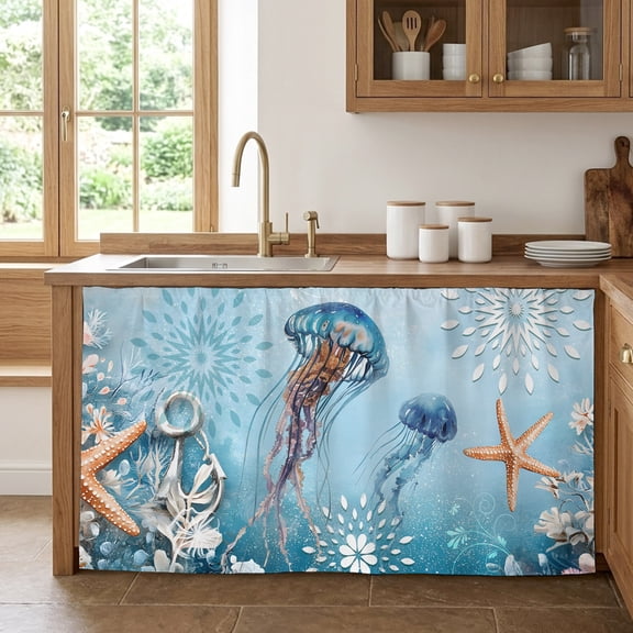 Blue Coastal Jellyfish Cabinet Curtain 28"Wx51"L,Dustproof Storage Cabinet Curtain with Self Adhesive Tape,Summer Beach Starfish Botanical Tall Pantry Cover Drape for Kitchen,Utility Closet