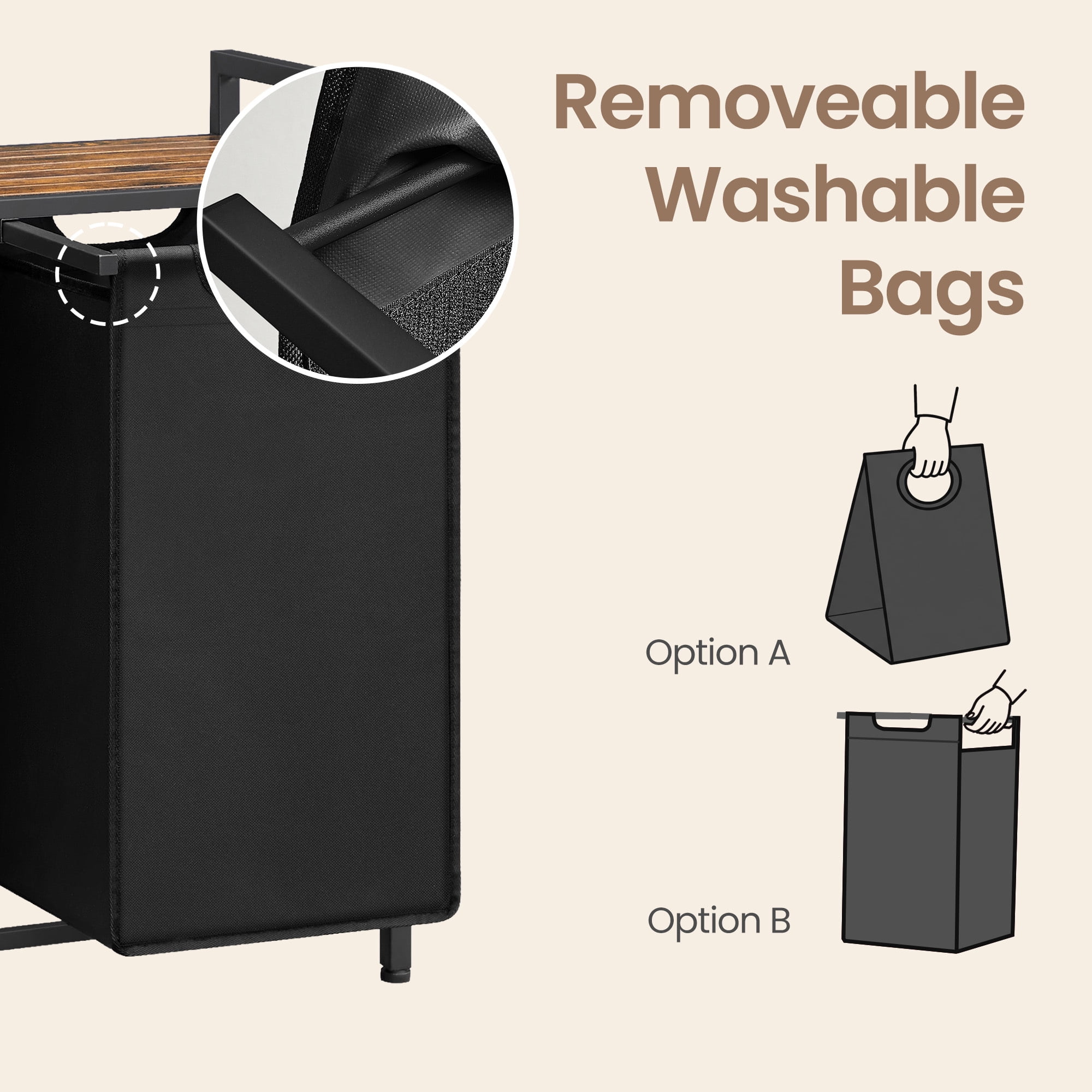 Ledrem 3-Compartment Laundry Sorter with Removable Bags for Home Organization, Ink Black/Rustic Brown