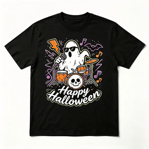 Men's Halloween Ghost Drummer Music Graphic T-Shirt Cotton Black Short Sleeve Crewneck Oversized