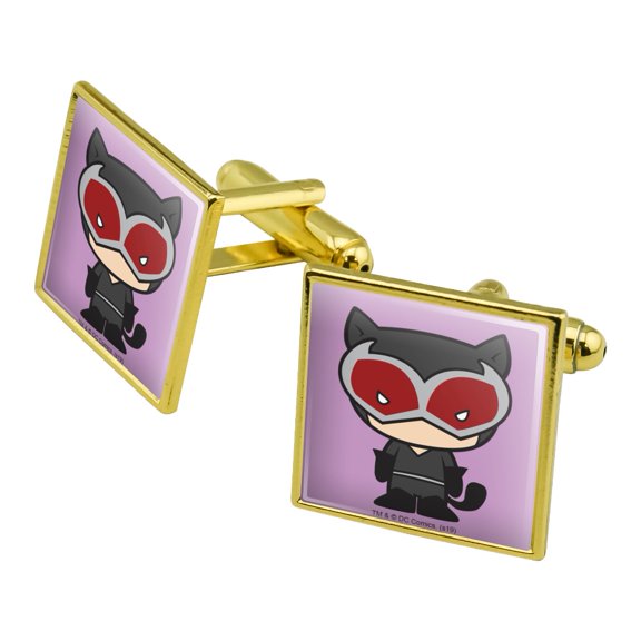 Batman Catwoman Cute Chibi Character Square Cufflink Set - Silver or Gold