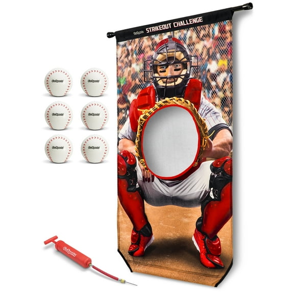 GoSports Strikeout Challenge Baseball Toss Doorway Game, Includes Universal Door Frame Tension Rod and Inflatable Baseballs with Ball Pump