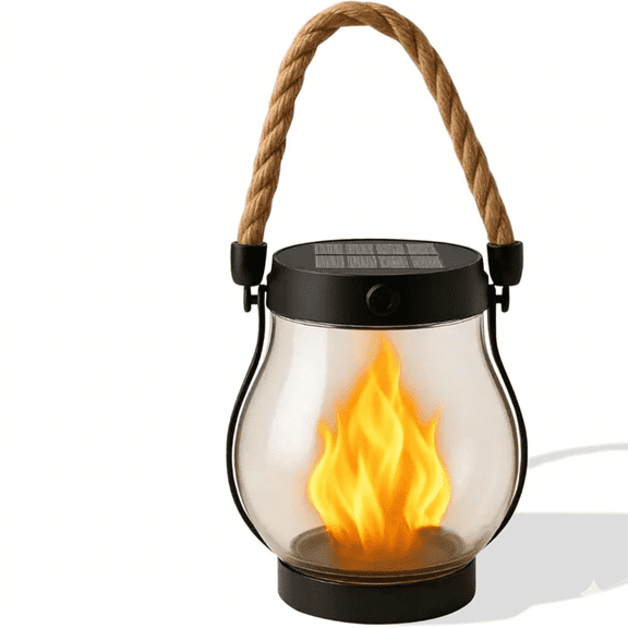 Solar Flickering Flame Lantern, Outdoor Hanging LED Decorative Light with Rustic Hemp Rope Handle, Waterproof Vintage Style Lamp for Garden, Patio, Yard, Camping Decor & Romantic Ambiance