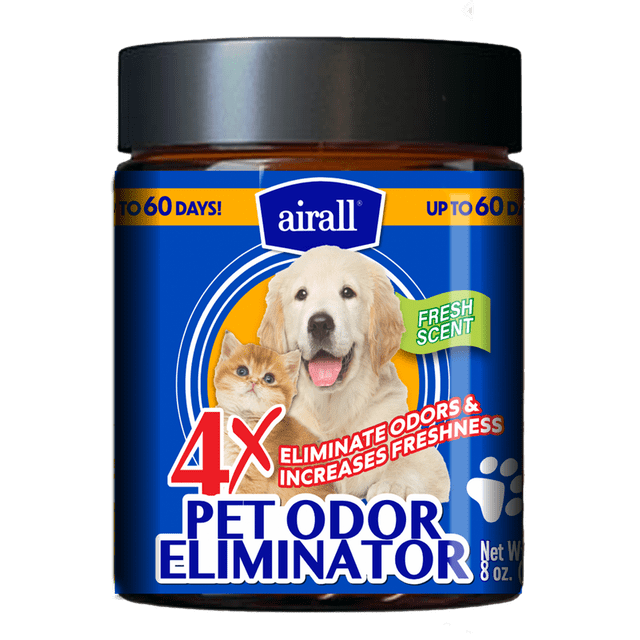 Airall Pot Désodorisant 3 en 1 2 X Odeur d'Animal de Compagnie - Parfum Frais dans un Pot Ambré de 8 oz avec Couvercle Noir, Présentant une Étiquette Bleue avec des images d'Un Chiot golden retriever et d'Un Chaton orange tabby, Conçu pour Neutraliser les Odeurs d'Animaux et Augmenter la Fraîcheur jusqu'à 60 Jours en Utilisant des Formules Biodégradables à 96-99 % Sûres pour les Personnes et les Animaux de Compagnie, Idéal pour une Utilisation dans les Zones de Litière pour Chats.