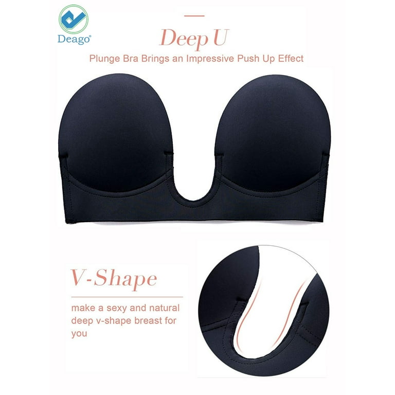 Deago Women's Strapless Sticky Bra Self Adhesive Invisible Bra Backless Push  up Bra Reusable Silicone Deep U Plunge Bra 