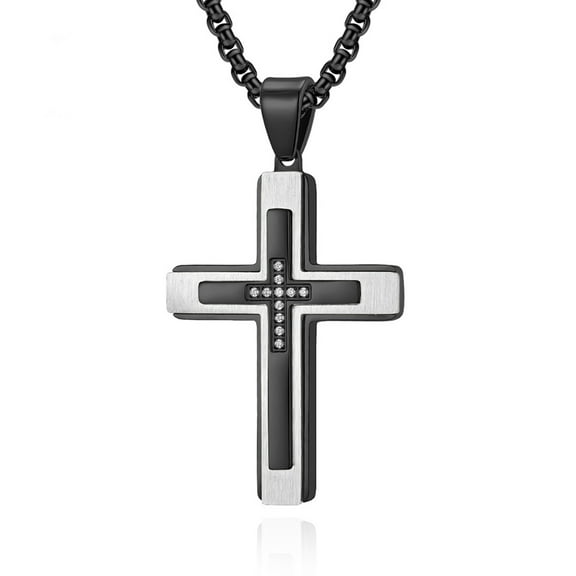 Mens Cross Necklace Titanium Big Diamond Cross Necklace for Men Dad Father Husband Jewelry Gifts for Him -Black#01
