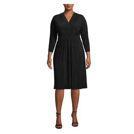 $109 Anne Klein Plus Size Surplice-neck Fit and Flare Dress Polyester Black - 2X
