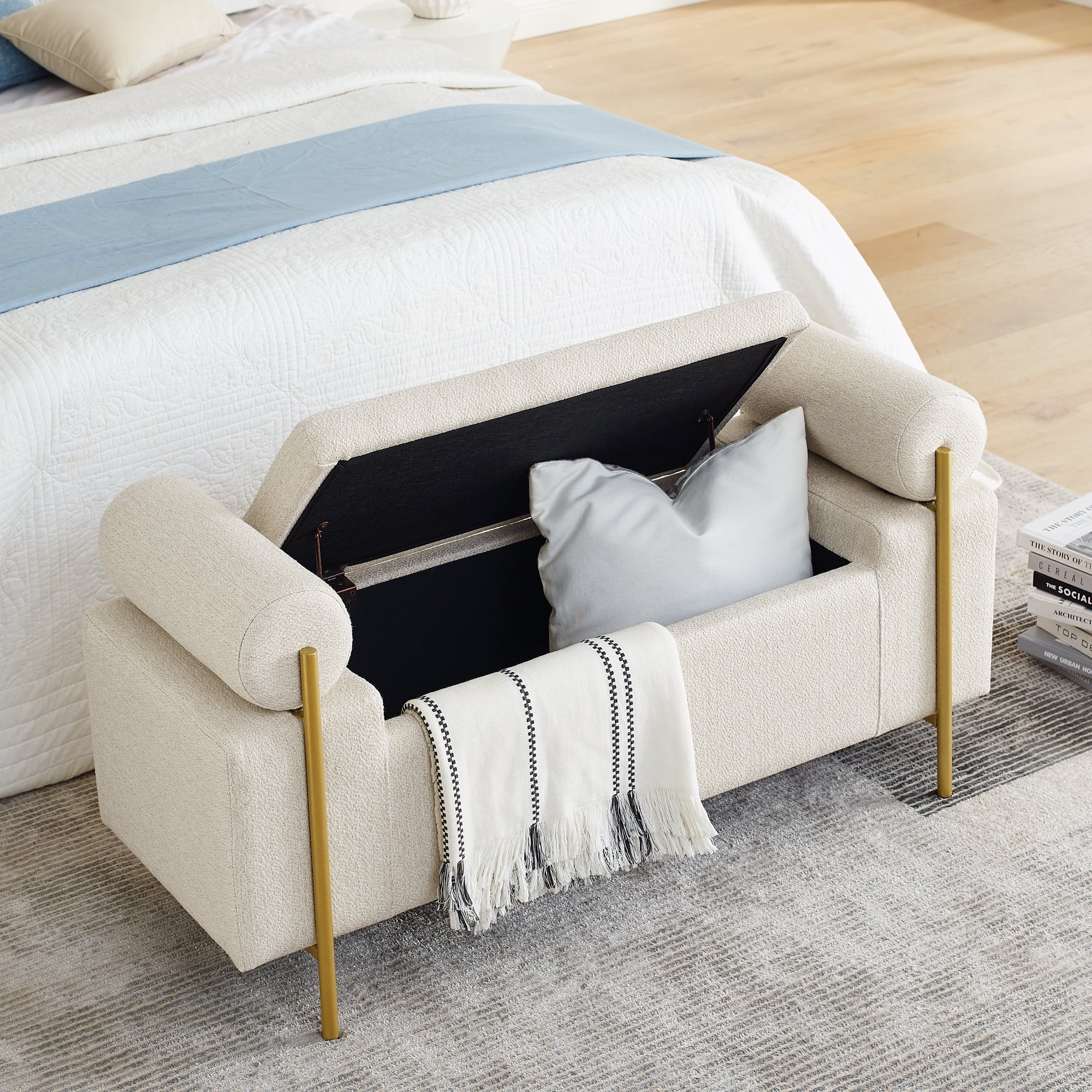 Gewnee Multifunctional Storage Bench - Soft Linen Cushion, Sturdy Iron Legs, Beige - Ideal for Window Seats & Ottomans