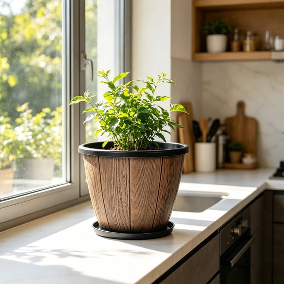 Wood Look Plastic Plant Pots, 12 Inch Large Flower Pots with Saucer, Brown Faux Woodgrain for Indoor Plants