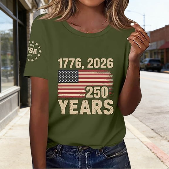 Fshinging T Shirts for Women 4th of July Short Sleeve Patriotic Crewneck Plus Size Clothes Army Green L