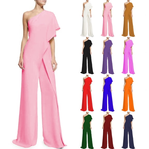 AGWOLF Women One Shoulder Jumpsuits Business Casual Asymmetric Ruffle Sleeve One Piece Rompers Wide Leg Long Pants Jumpsuit Formal Party Romper