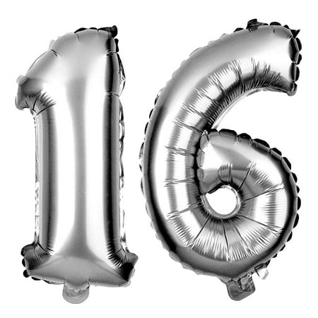 ella celebration non-floating 16 number balloons sweet 16th birthday party supplies decorations small 13 inch (silver)