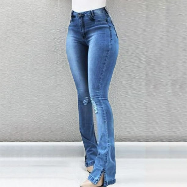 Pantalones Pitillo Elasticos de Cintura Alta Para Mujer Pantalones Ajustados Con Botones Pantalones Acampanados Con Agujeros Pantalones Vaqueros