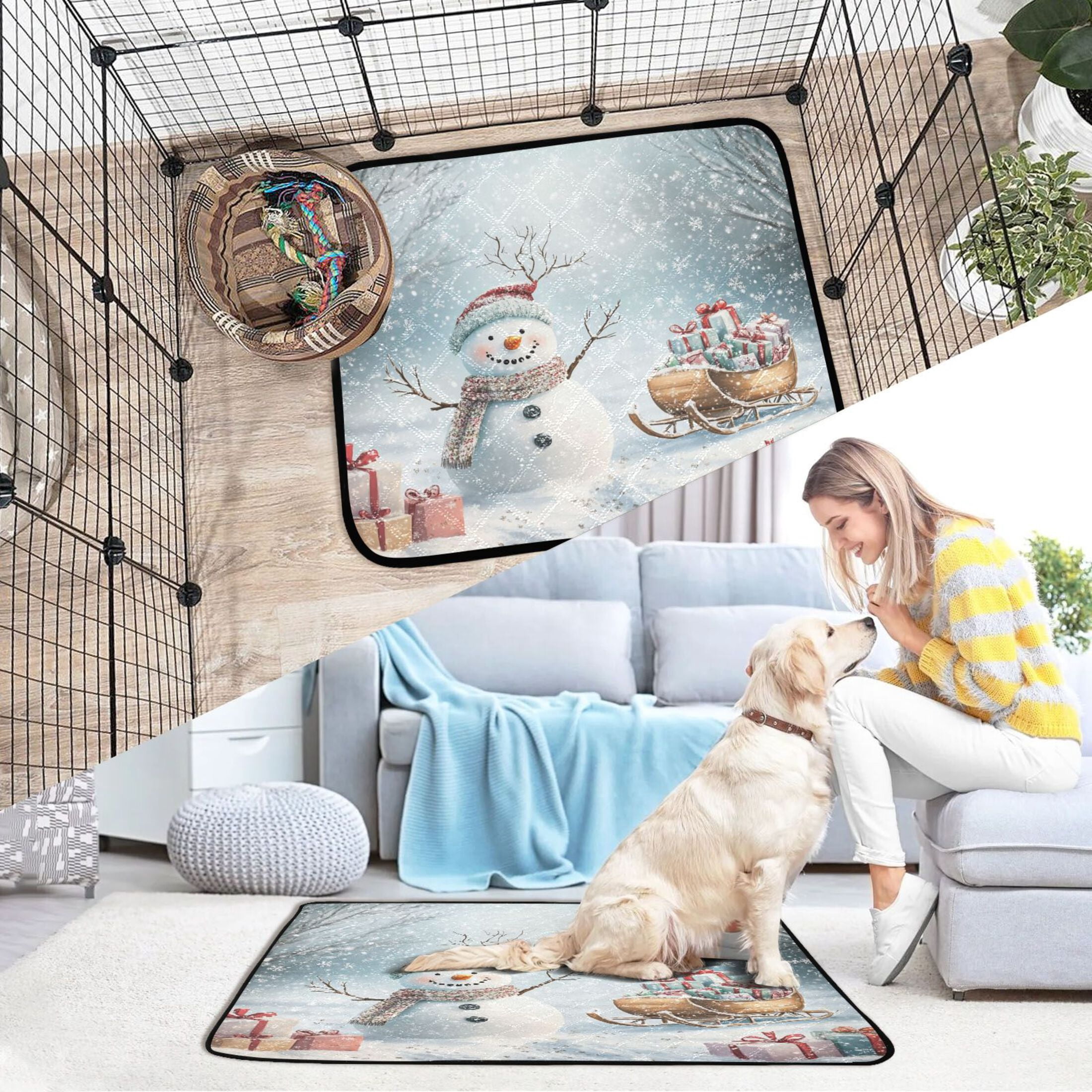 Qxltty Snowman Next To A Sleigh Full Of Presents Cat litter Pads Pet Set of 3 Diaper Mats Center Anti-leakage Layer Absorbent Soft and Comfortable